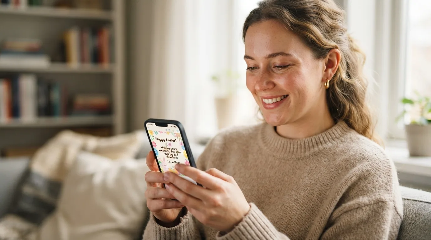 a person holding a smartphone with an Easter greeting on screen
