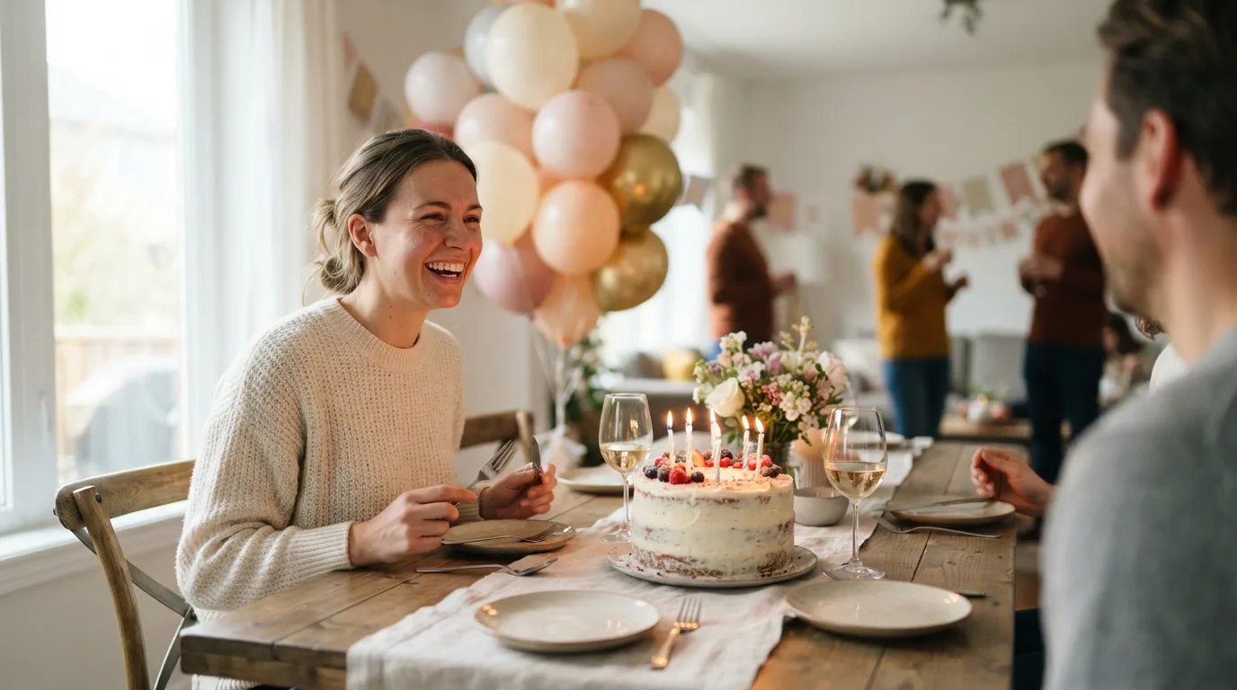 a festive birthday table with cake and balloons