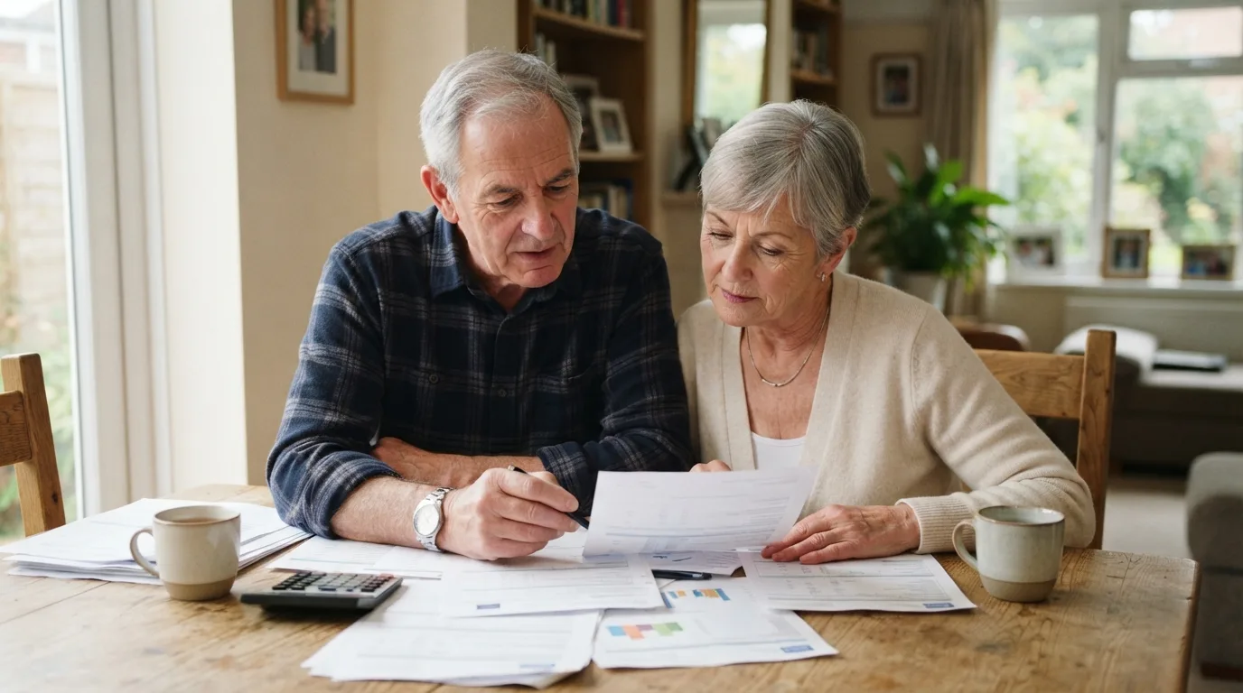 a senior couple reviewing financial documents together at a table