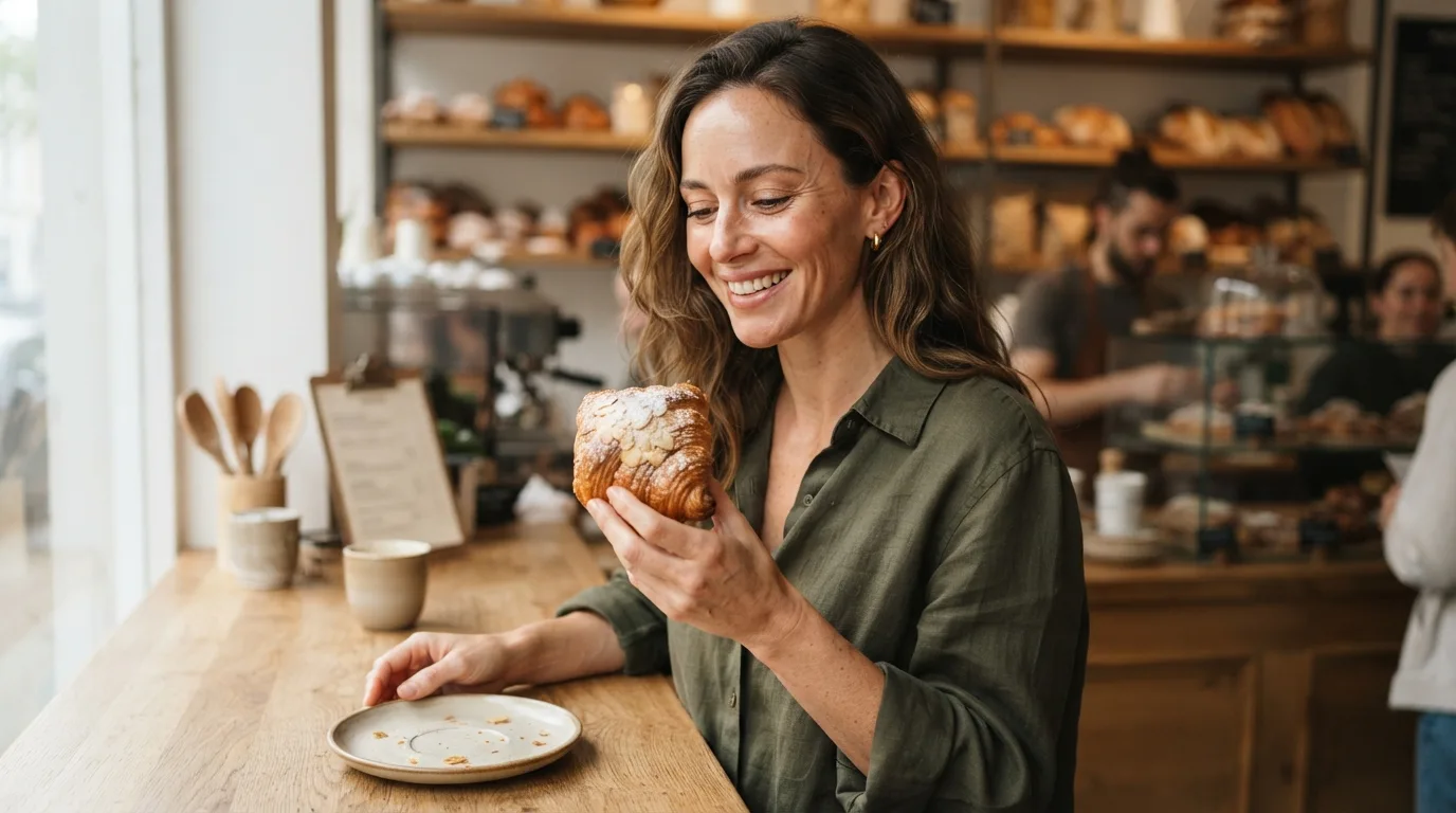 a person holding a pastry at a bakery counter