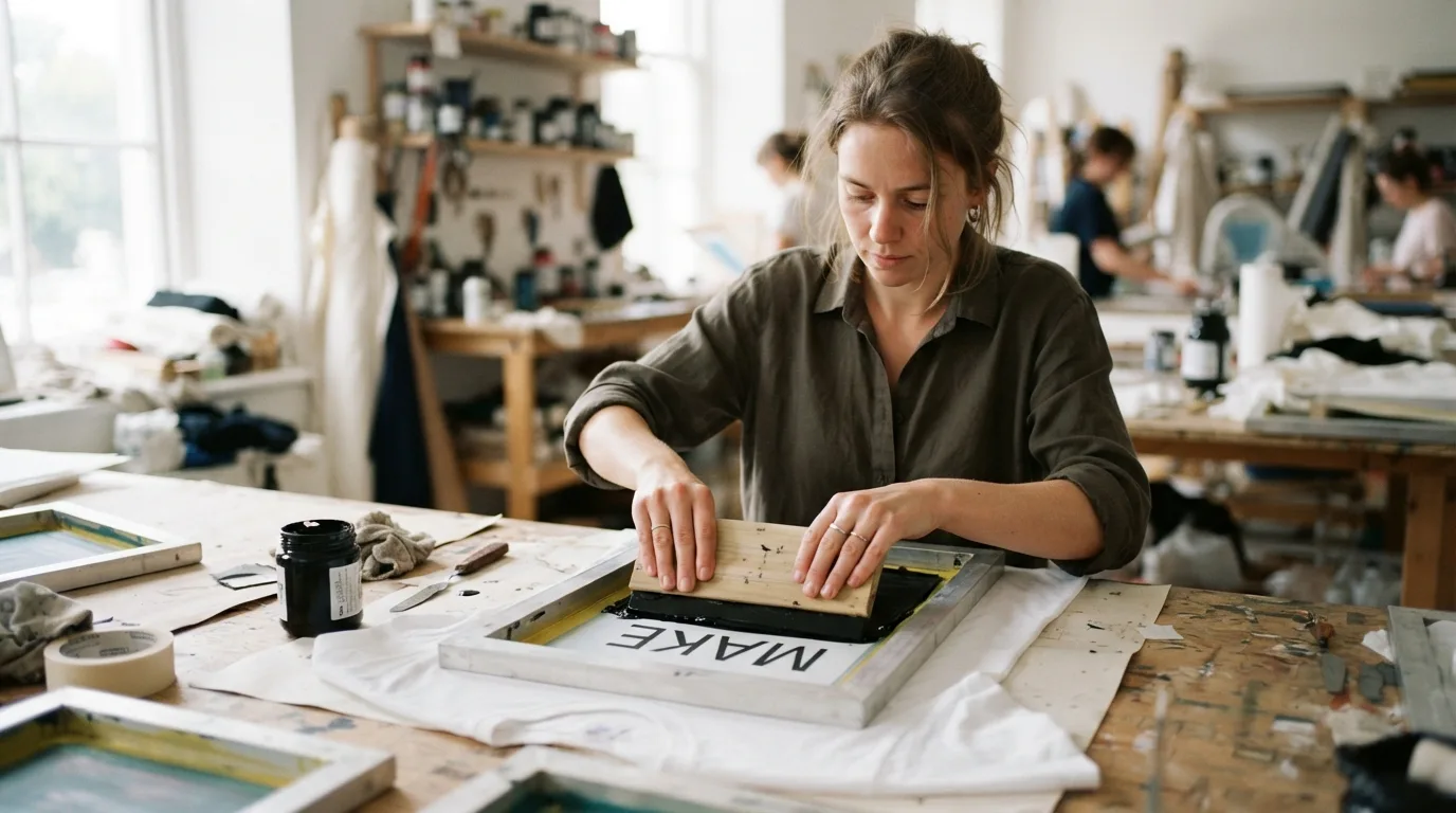 a person printing letters onto a t-shirt at a craft table