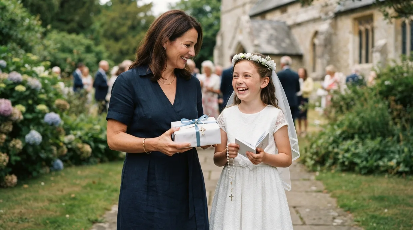 a godmother holding a gift with a child in First Communion attire