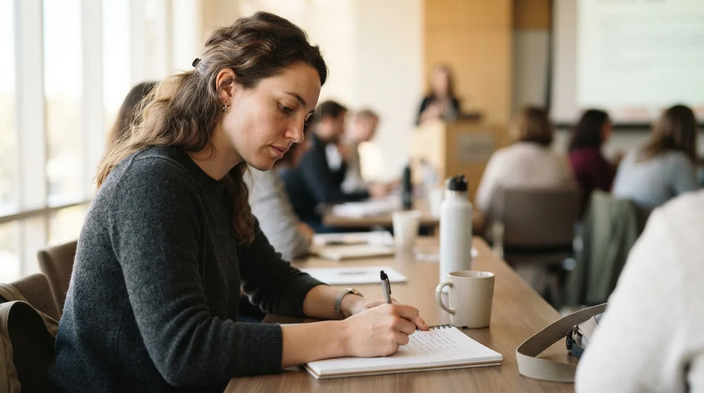 a person attending a workshop or seminar, taking notes