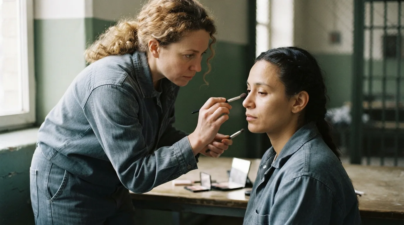a woman in a prison uniform doing makeup on another woman