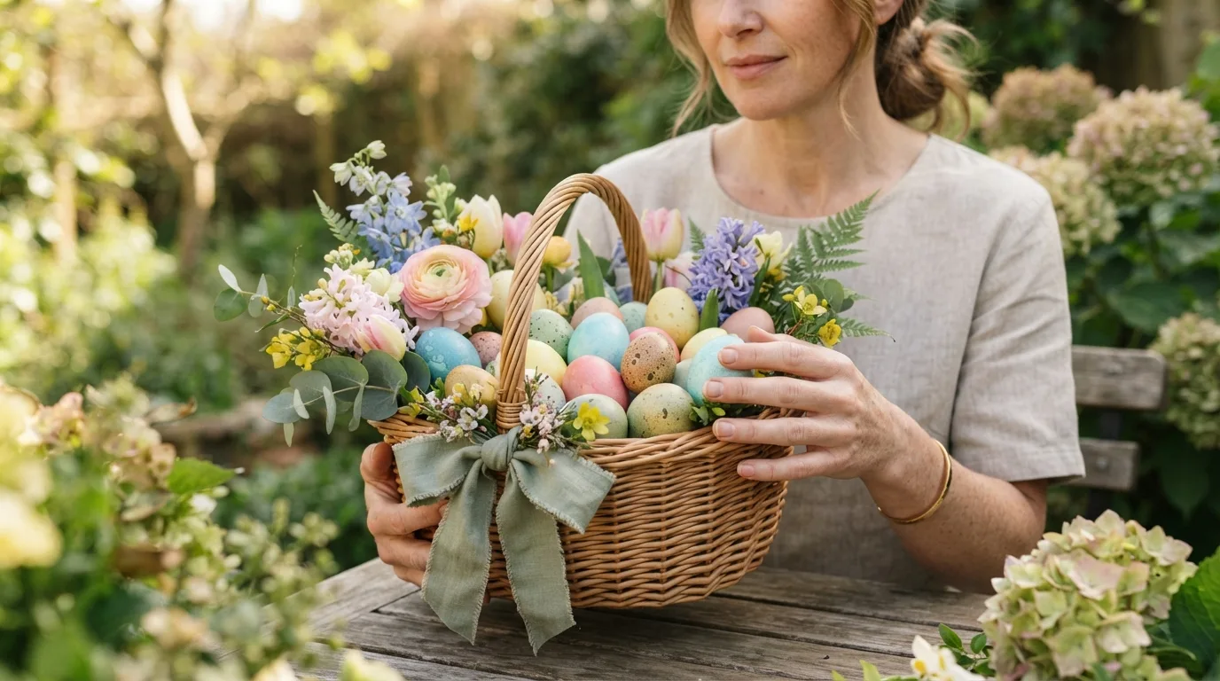 a decorated Easter basket with colorful eggs and spring flowers