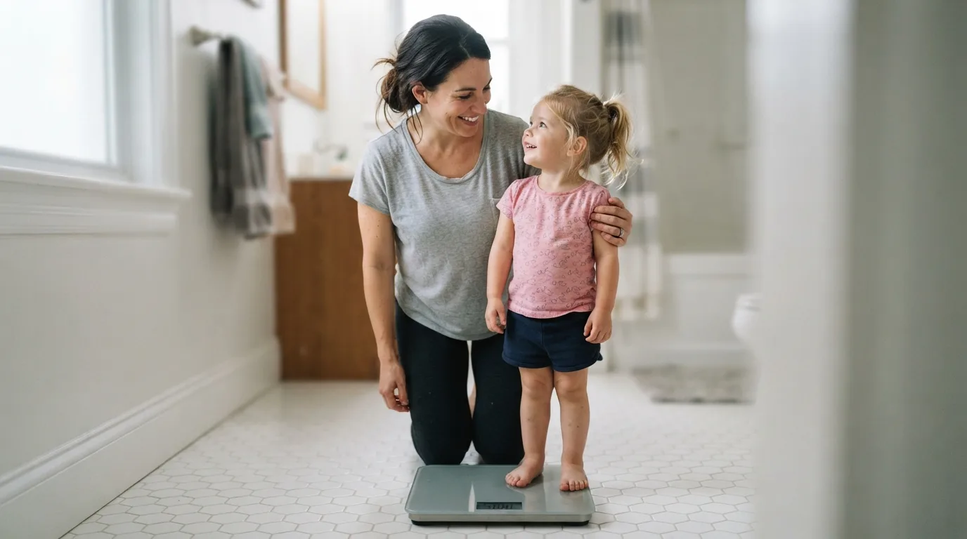 a parent and child standing on a bathroom scale