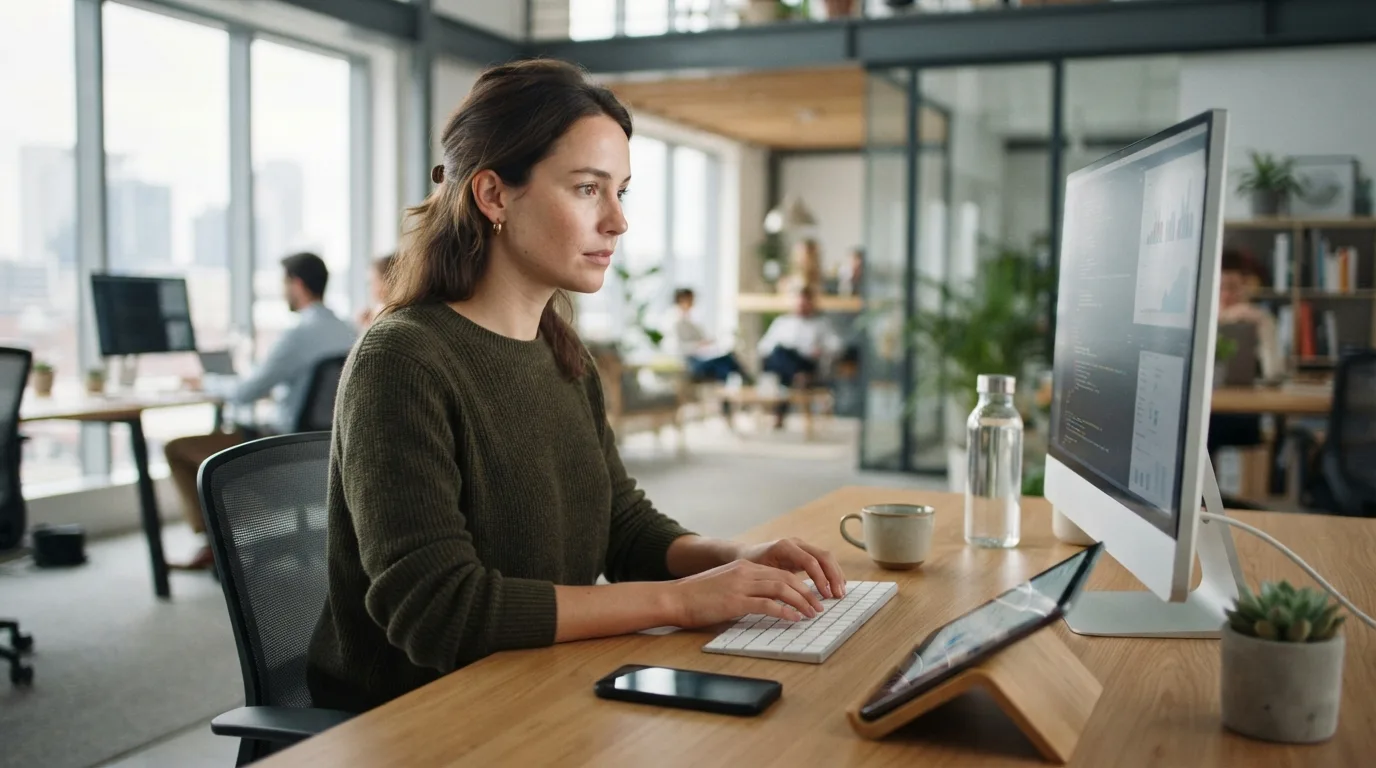 a person working in a modern office with smart devices