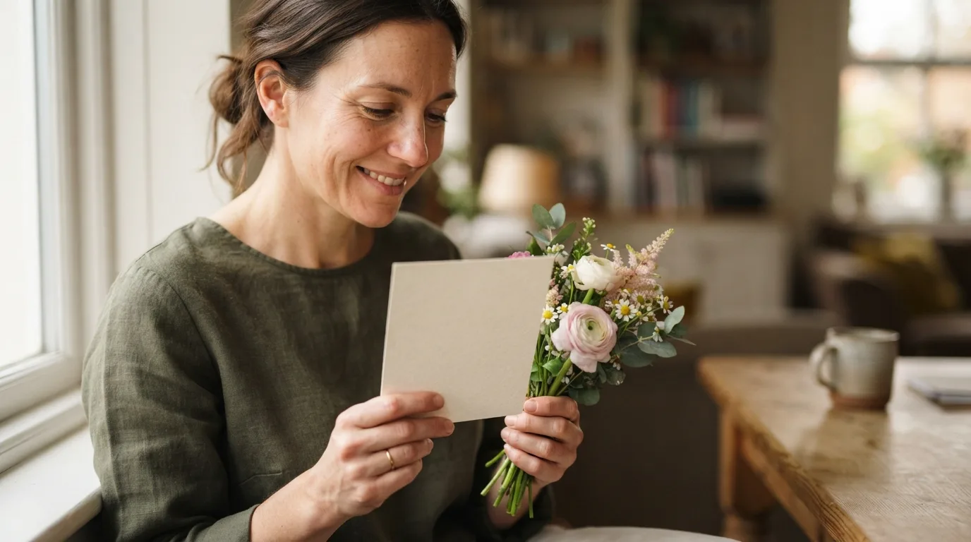 a person holding a greeting card with flowers