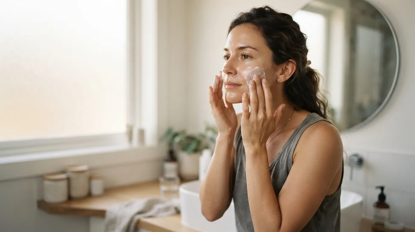 a woman applying skincare products to her face in a bathroom