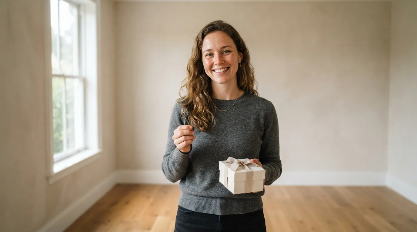 a person holding a key and a gift box, standing in an empty bright room