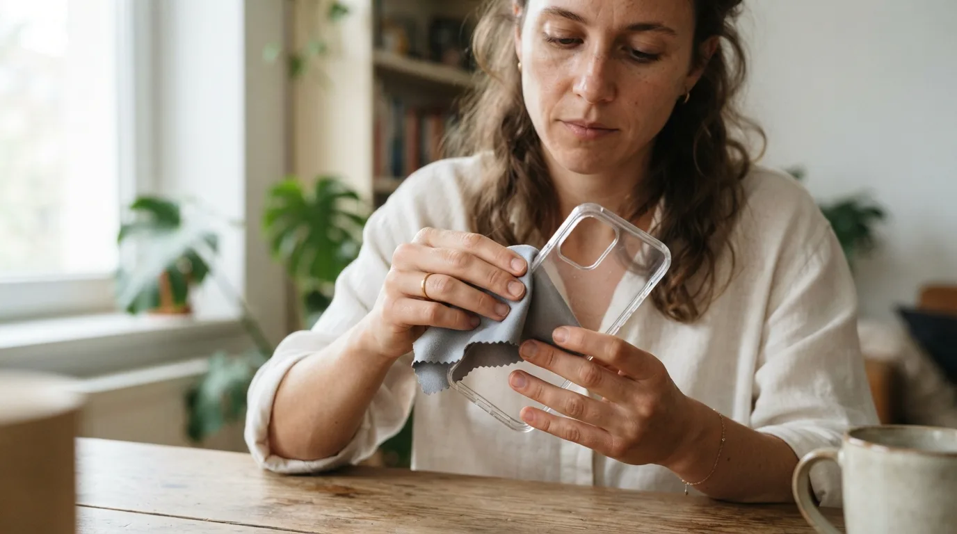 a person cleaning a clear phone case with a cloth