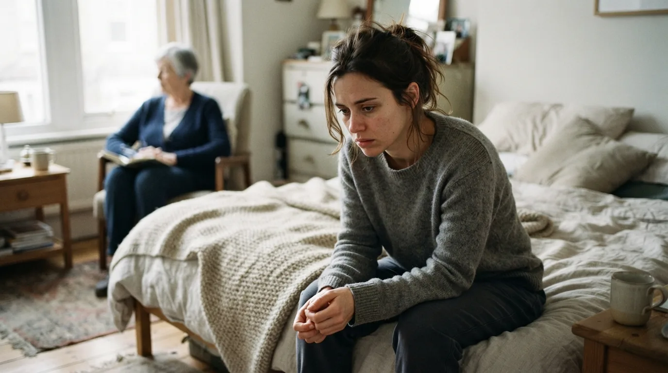 a tired woman sitting alone on a bed, looking thoughtful or distressed, with a calm older person visible in the background