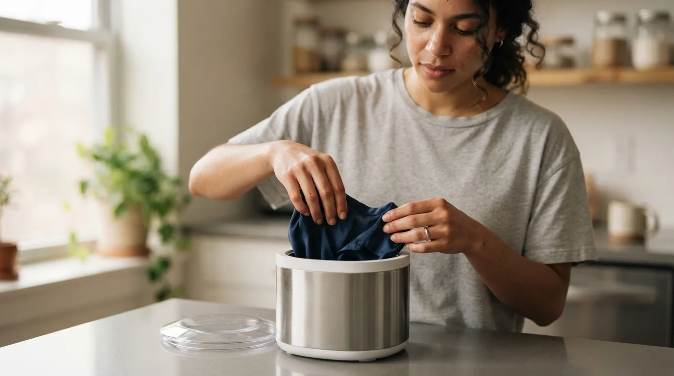 a person placing clothes into a small ultrasonic device