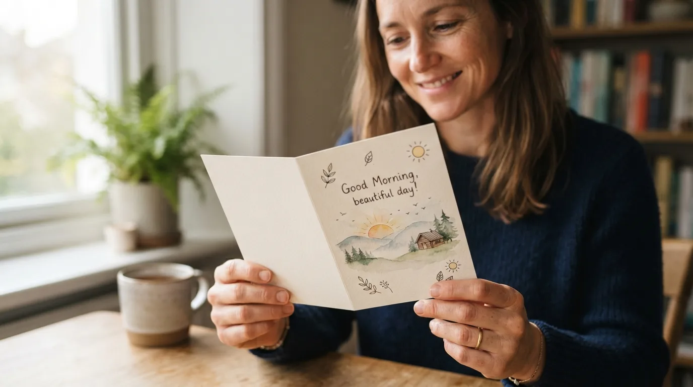 a person holding a greeting card with a morning scene