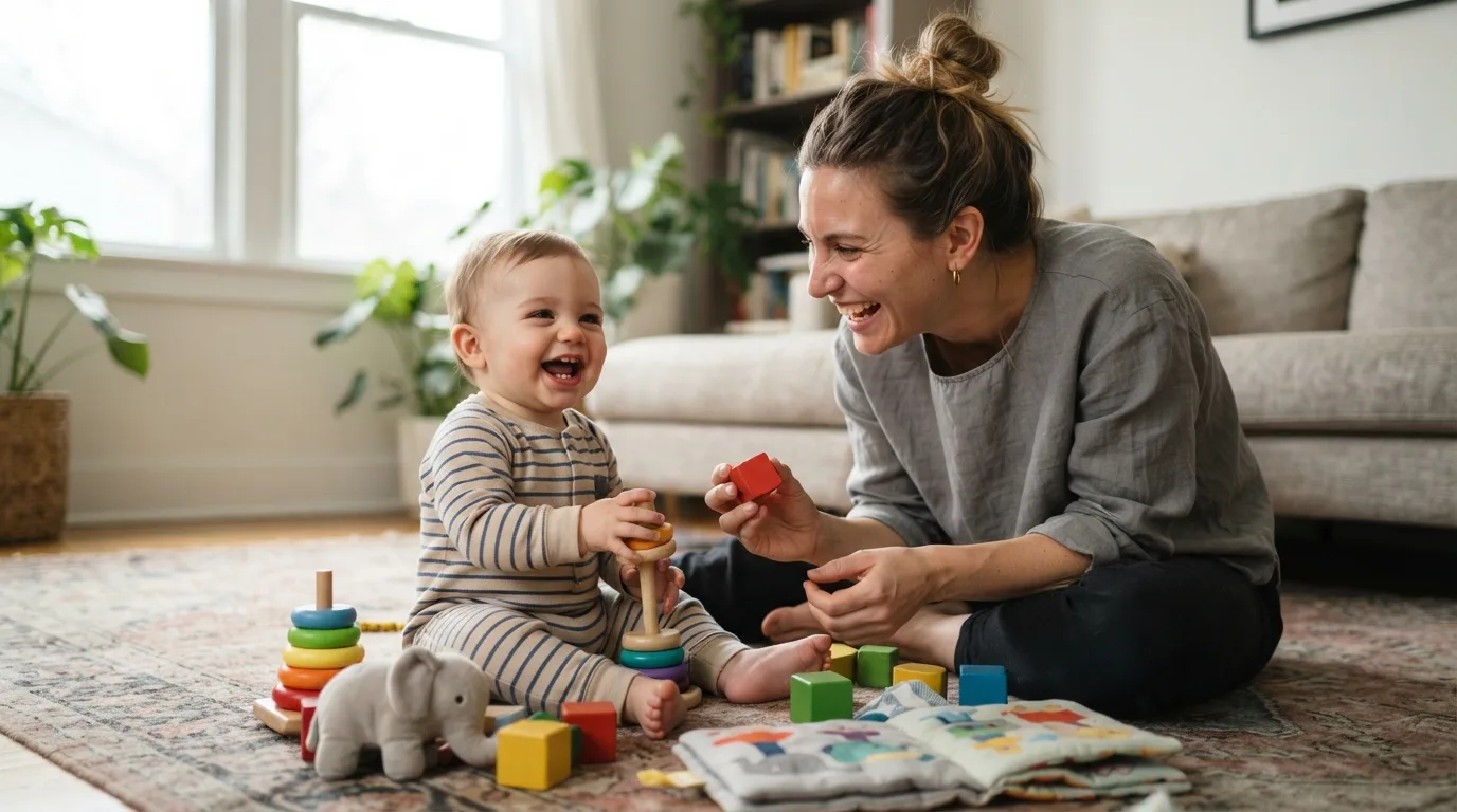 a parent and baby playing with colorful toys
