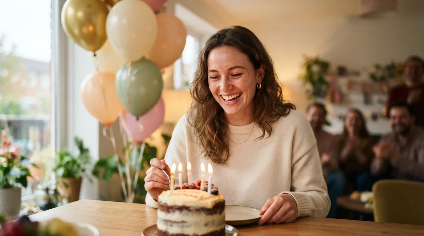 a person celebrating a birthday with a cake and balloons