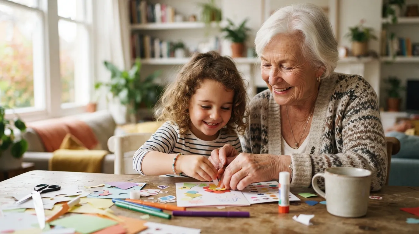 a grandmother and child sitting at a table making a card together
