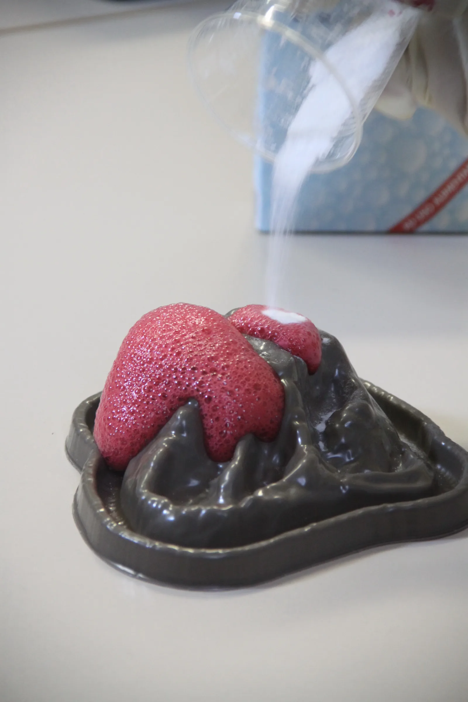 Volcano experiment using vinegar, baking soda and red food coloring, in the science lab at Collegio Rotondi (Italy) - Photo by Giorgio Banfi