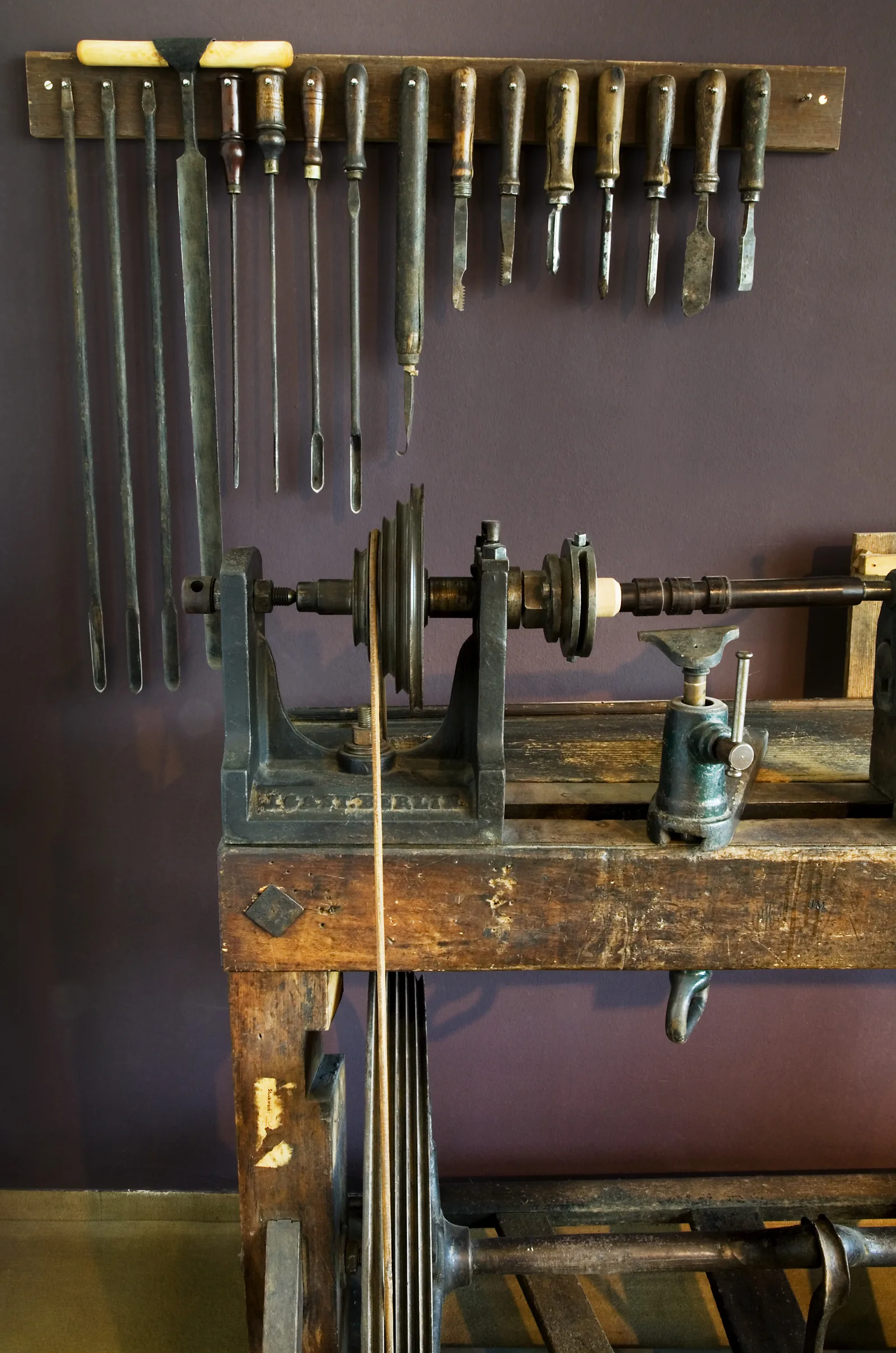 Musical instrument ancient old workshop tool bench and lathe