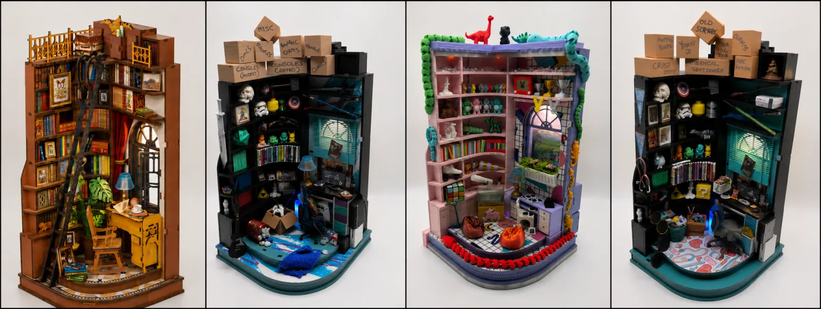 A "stock" book nook kit (Silent Corner Study by Rolife) and then  three custom versions built by u/Pluck-the-Bunny who is the moderator of the Book Nook Subreddit