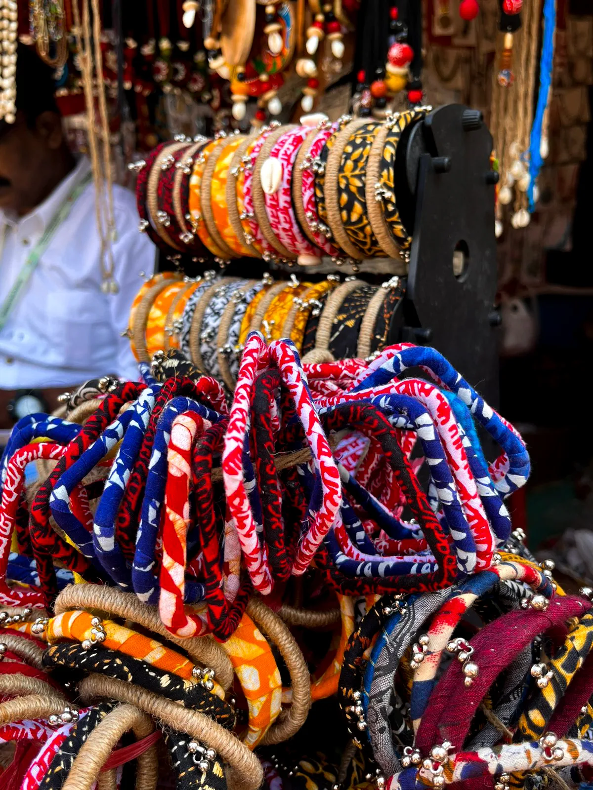 Colorful handmade bangles made out of jute from the state of West Bengal showcased at Surajkund Crafts Mela 2023.