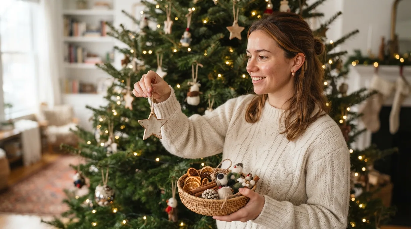 a person decorating a Christmas tree with handmade ornaments