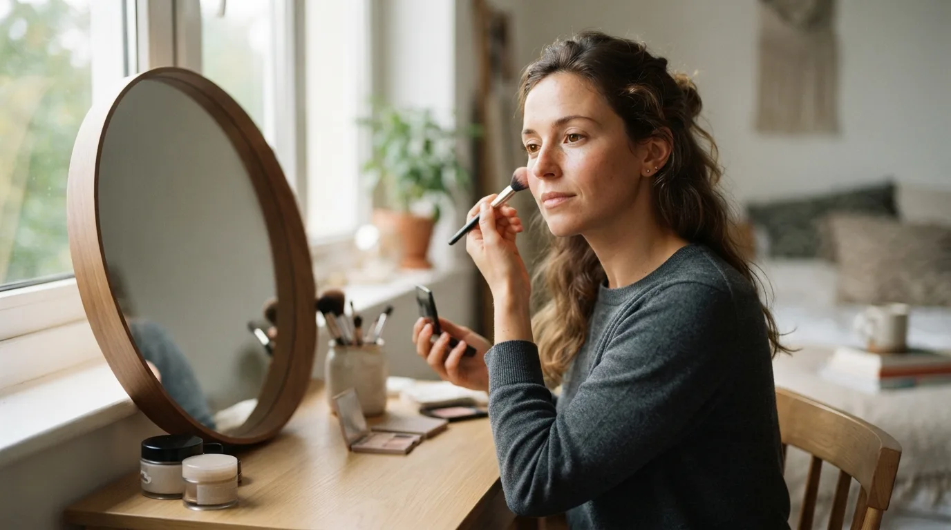 a woman applying makeup in front of a mirror