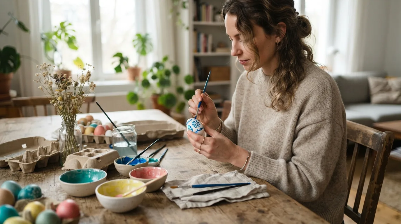 a person decorating Easter eggs at a table