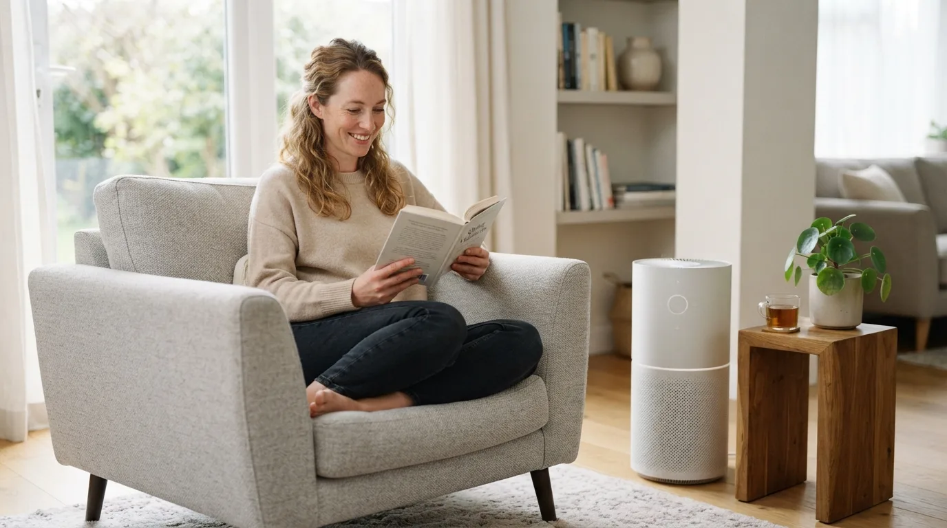 a person relaxing in a clean, bright living room with an air purifier