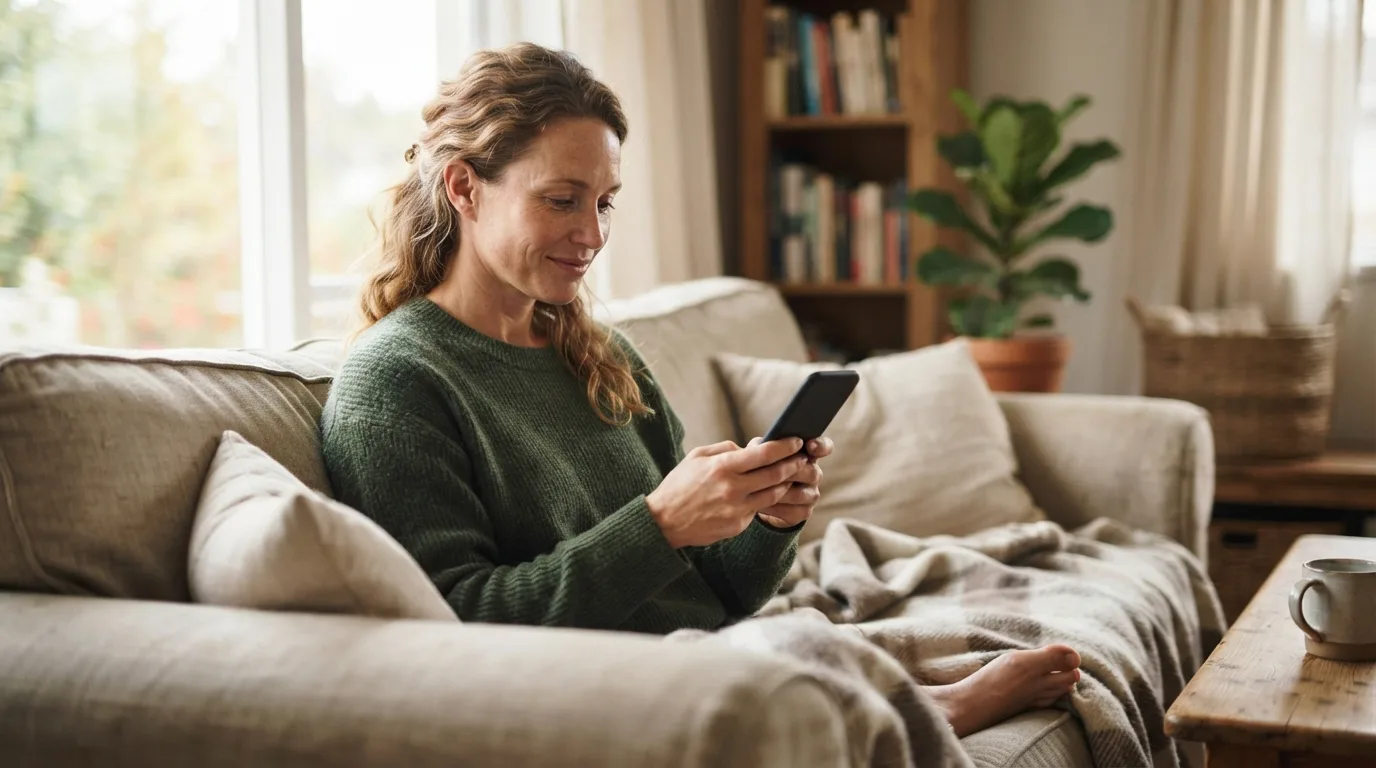 a person looking at a smartphone while relaxing at home
