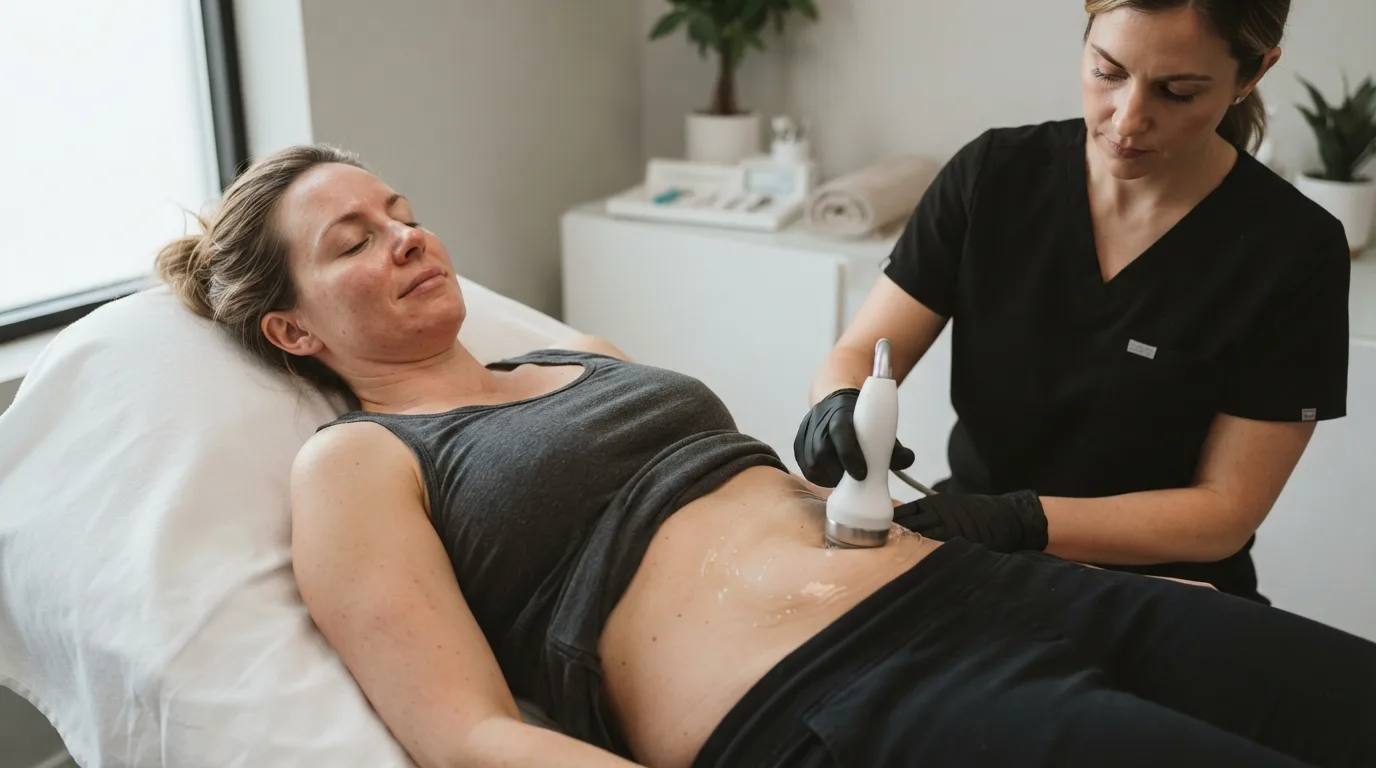 a woman receiving a cosmetic skin treatment on her abdomen