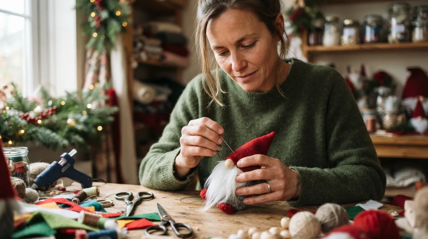 a person crafting a small Christmas gnome decoration