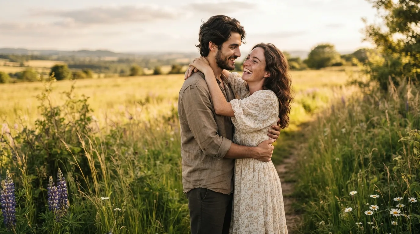 a smiling couple embracing in a sunlit field