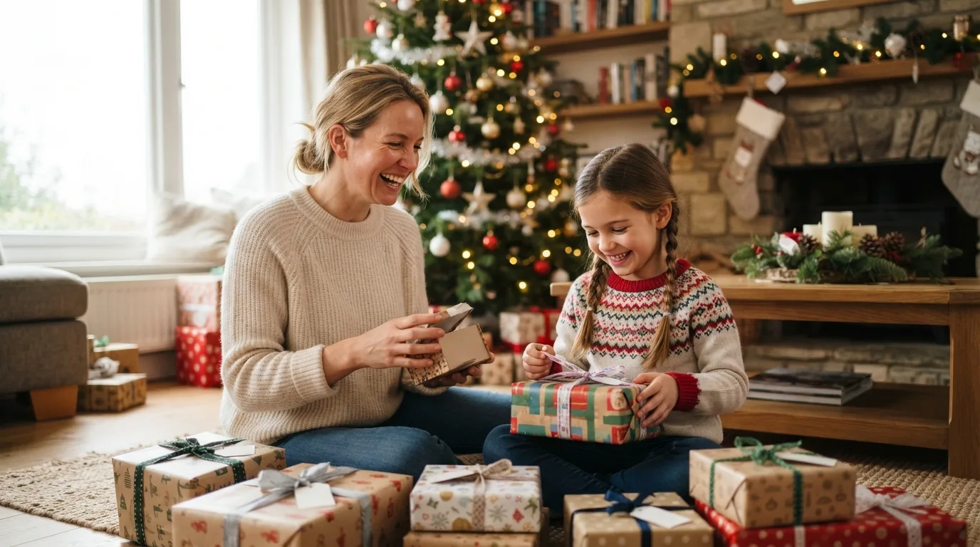 a festive Christmas scene with decorations and gifts