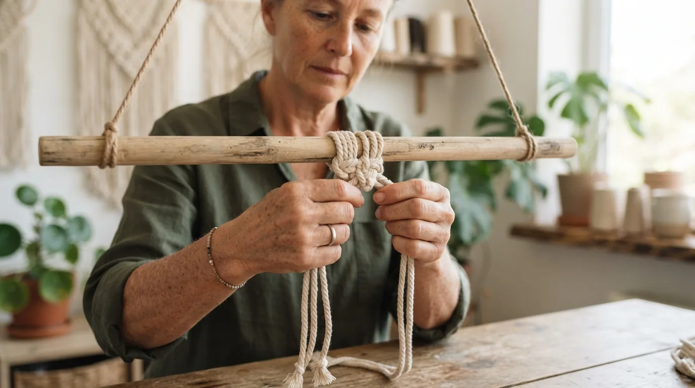 a person tying macrame knots on a wooden dowel