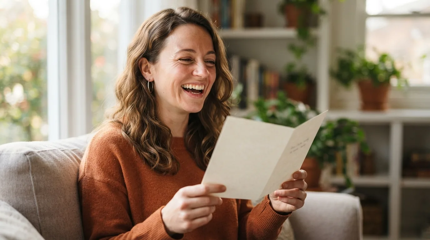 a person laughing while holding a greeting card