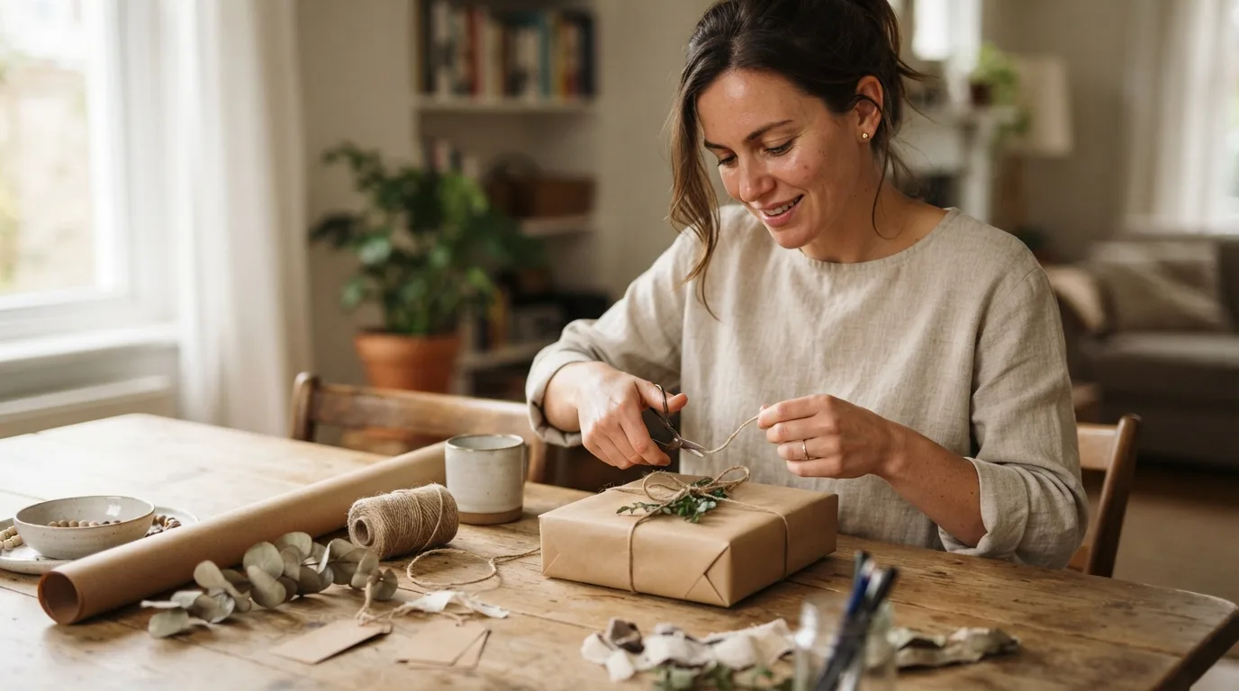 a woman wrapping a gift with craft supplies on a table