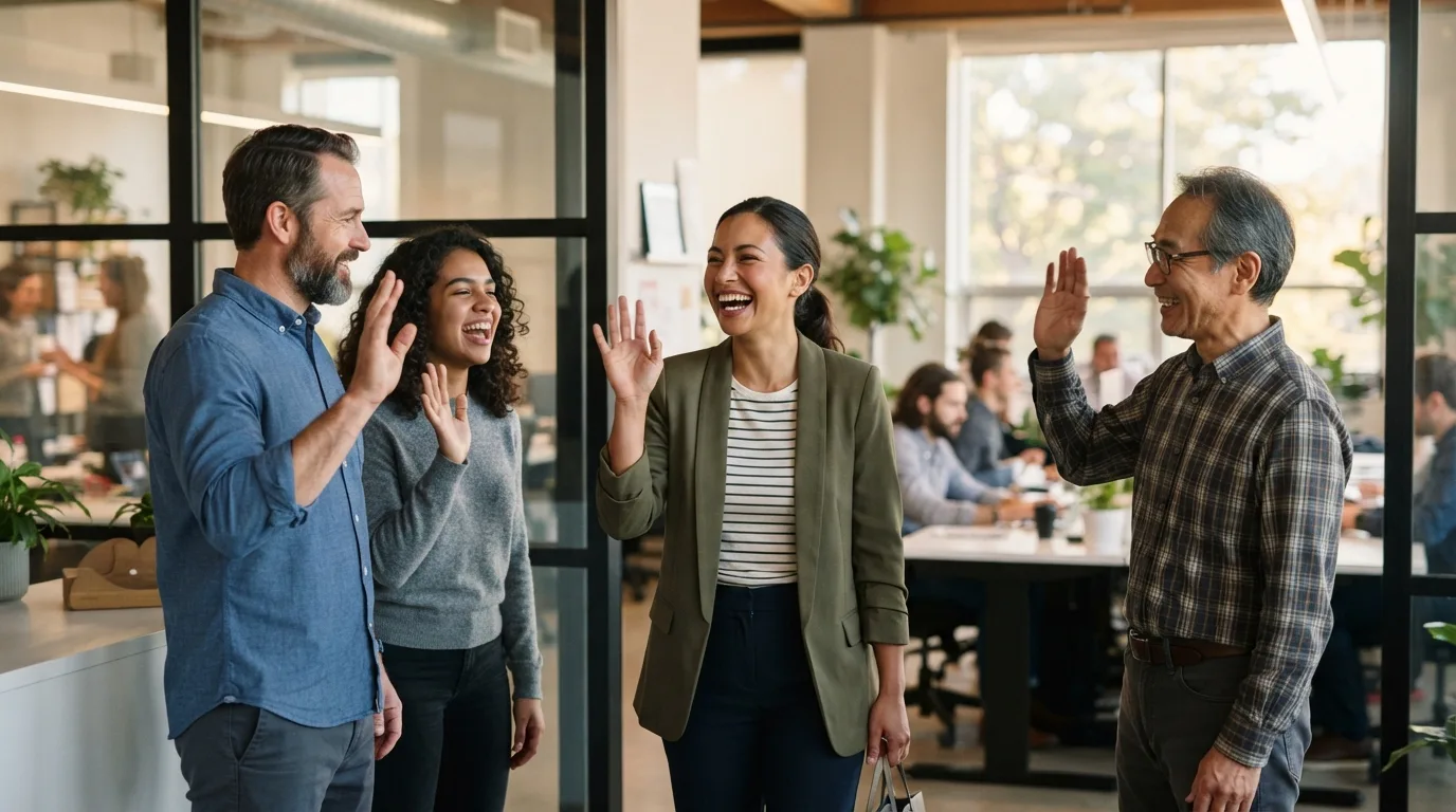 a group of coworkers laughing and waving goodbye in an office