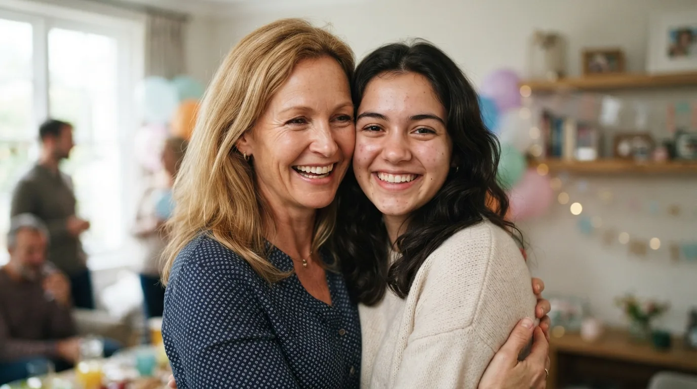 a woman and a young adult smiling together at a birthday party