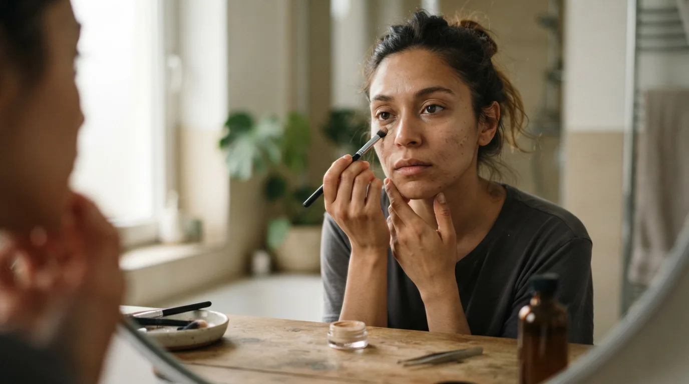 a woman applying concealer to her face with a makeup brush