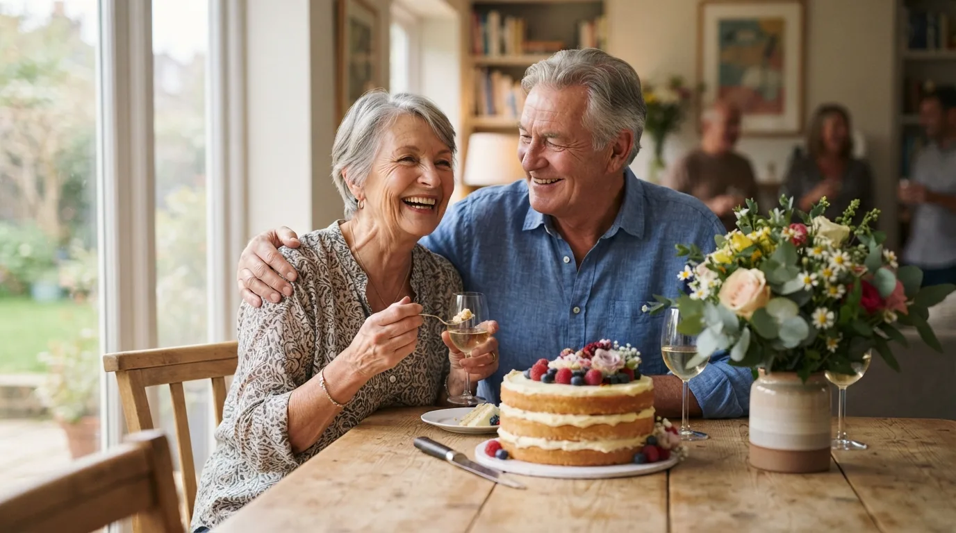 a happy older couple celebrating with a cake and flowers