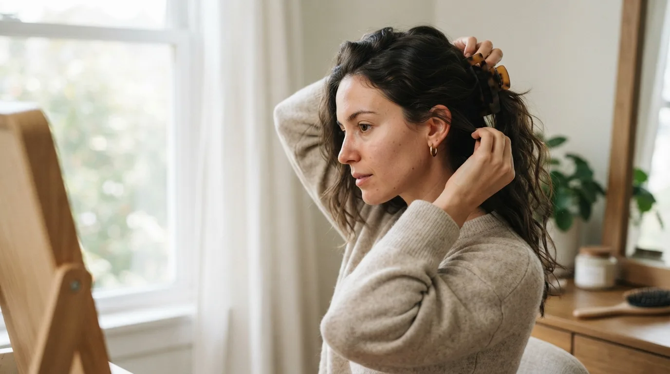 a woman styling her hair with a clip