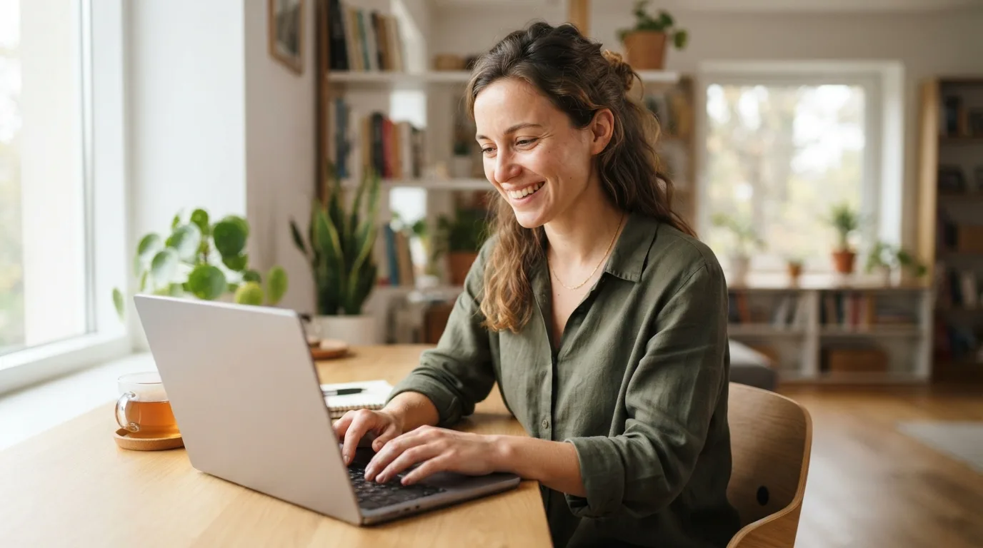 a young woman smiling at a laptop in a bright modern room
