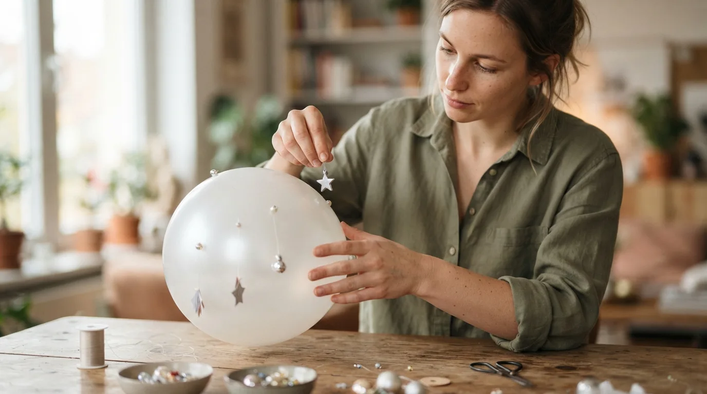a person decorating a balloon with small hanging ornaments