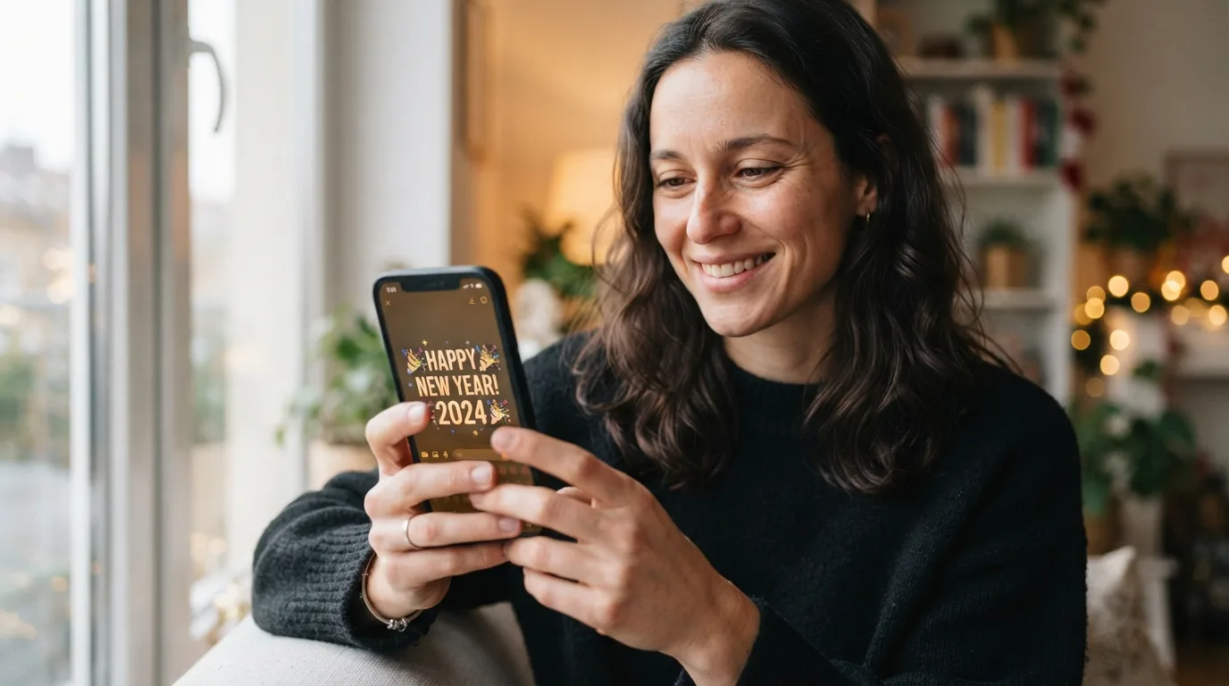 a person holding a smartphone with a festive New Year message on the screen