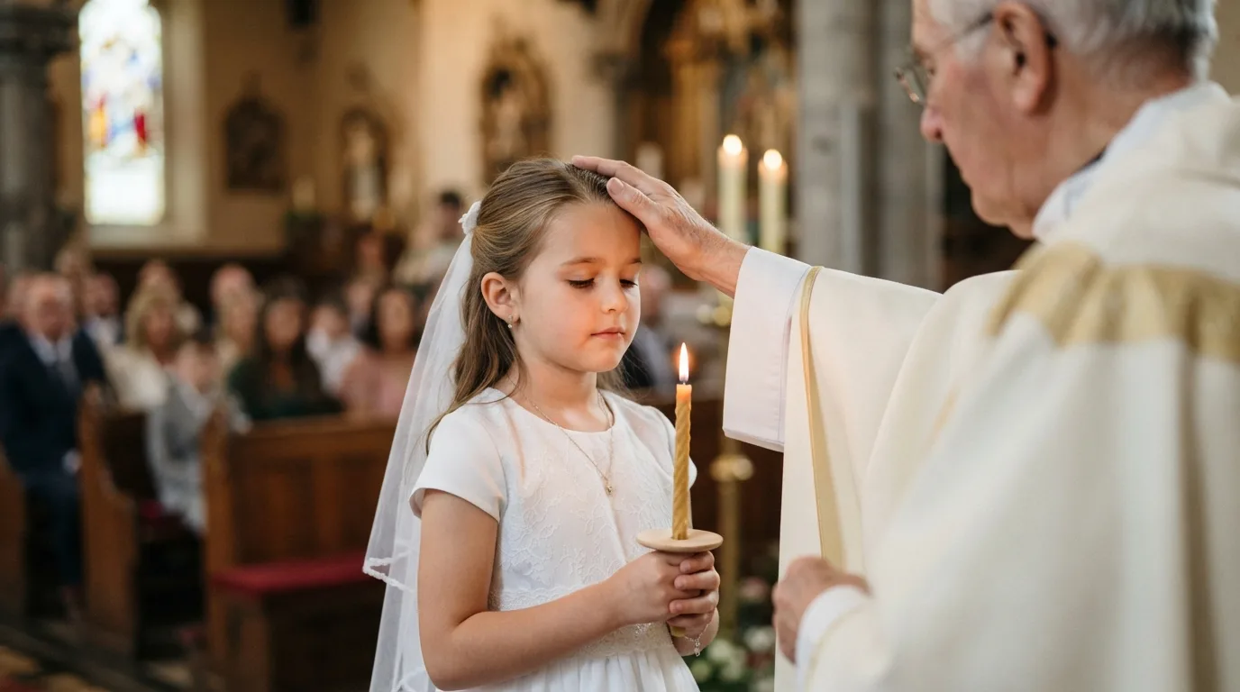 a child in white clothing receiving a blessing or holding a candle at a religious ceremony