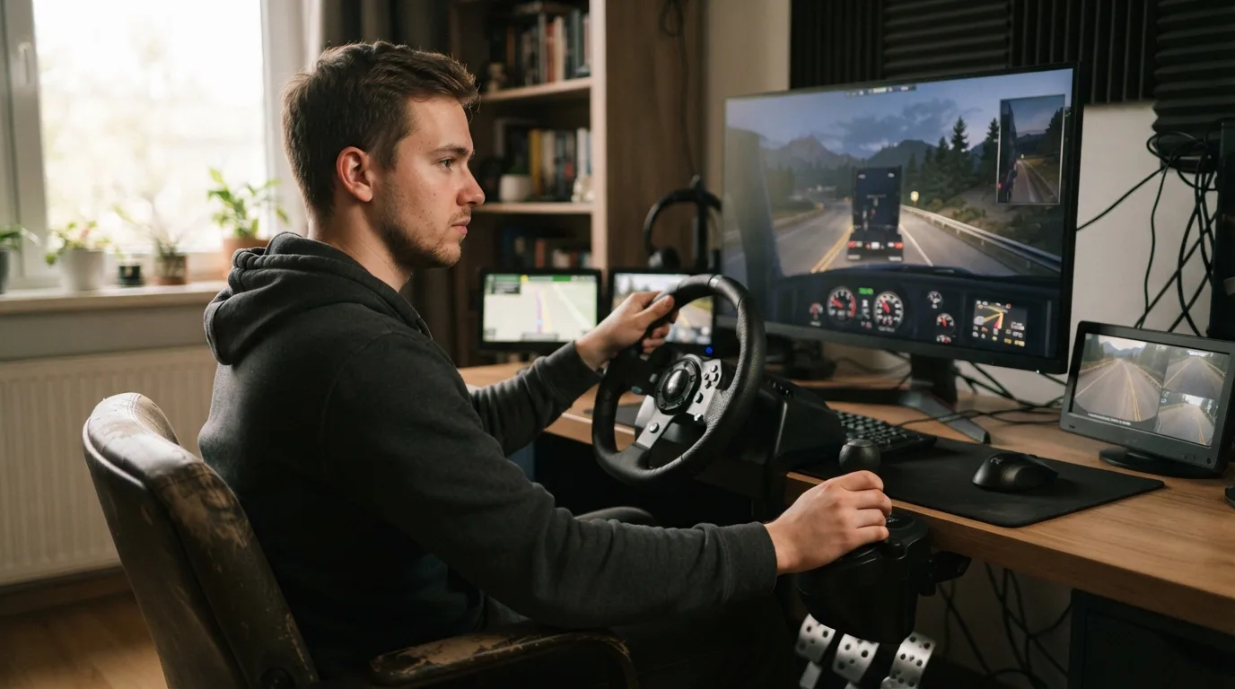 a person playing a truck driving simulation game on a computer