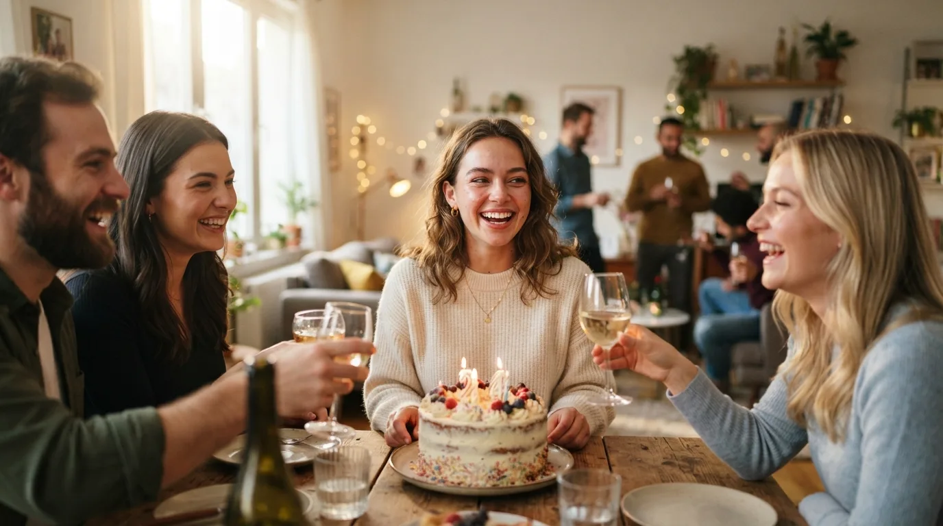 a young woman smiling with a birthday cake and friends