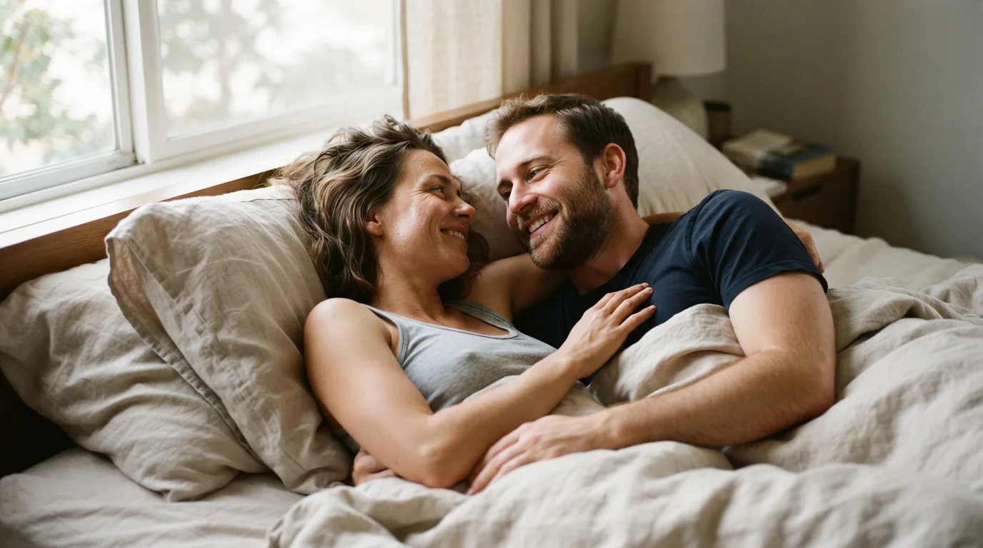 a couple lying in bed smiling at each other