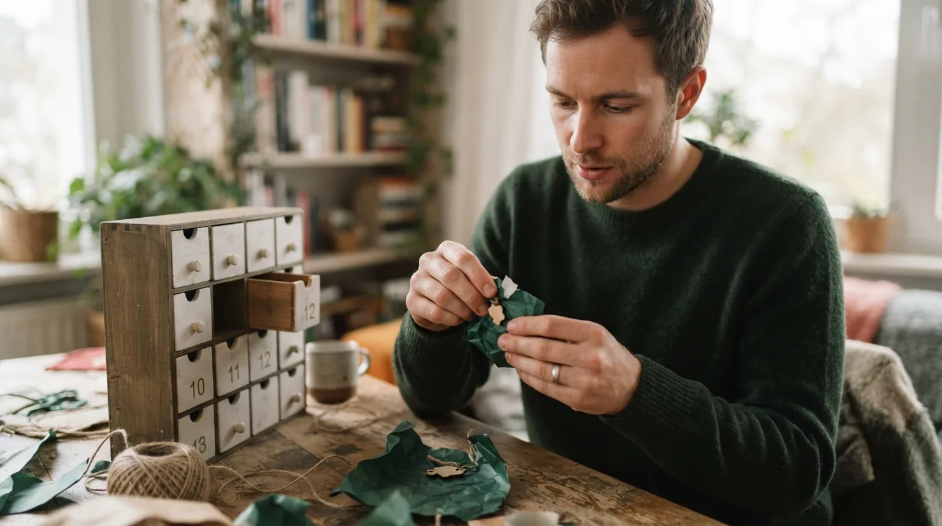 a man unwrapping a small gift from a calendar box